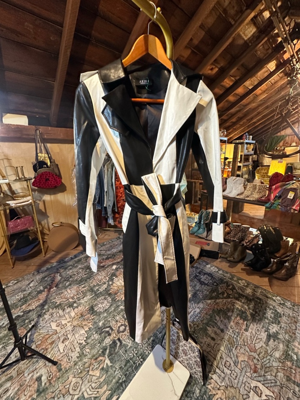 AKIRA Black and White Faux Leather Colorblock Trench Coat